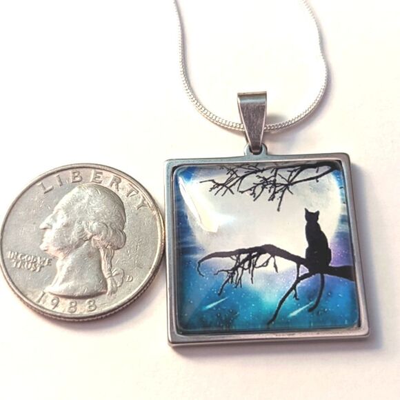 Black Cat Hand Crafted Stainless Steel Charm Stamped Sterling Silver Necklace - Picture 5 of 7